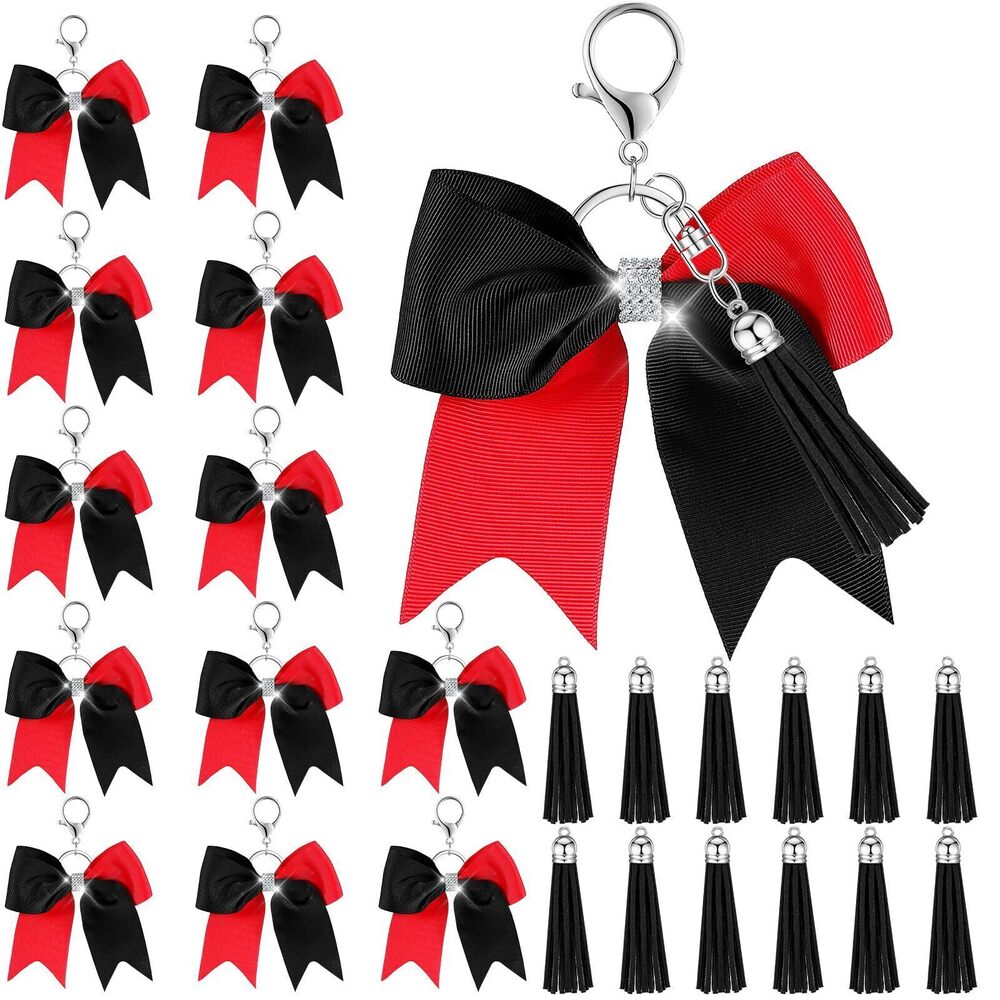 1161 12 Set Cheer Bow Keychain Bulk with Tassel Glitter Rhinestone Red